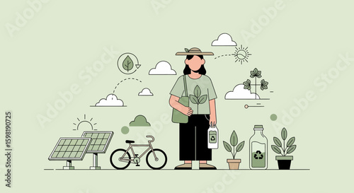 Woman promoting sustainable living with reusable bottle, bicycle, and solar panels.