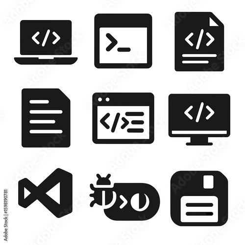 Code Editor Icons. Solid style icons of code editors and environments: laptop with code screen, terminal window icon, text editor
