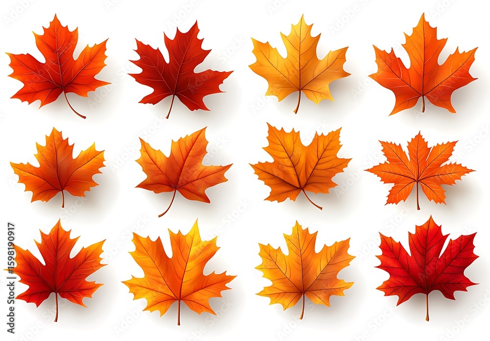 Collection of twelve vibrant red and orange maple leaves in autumn colors fall Collection of twelve vibrant red and orange maple leaves in autumn colors fall