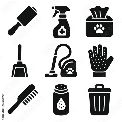 Pet Cleaning Tools Icons. Solid style icons of pet cleaning tools: lint roller, odor neutralizer spray, disinfectant wipes, vacuum