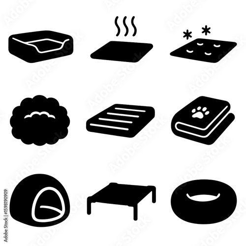 Comfortable Pet Bedding Icons. Solid style icons of bedding and comfort: orthopedic pet bed, heated mat, cooling pad, fluffy