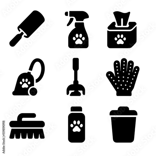 Pet Cleaning Tools Icons. Solid style icons of pet cleaning tools: lint roller, odor neutralizer spray, disinfectant wipes, vacuum