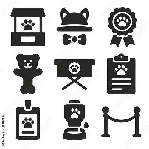 Pet Event Supplies Icons. Solid style icons of pet event supplies: adoption booth setup, pet costume accessory, contest ribbon,