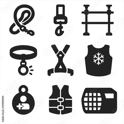 Pet Safety Gear Icons. Solid style icons of pet safety gear: reflective leash, seatbelt clip, car barrier, LED collar, safety