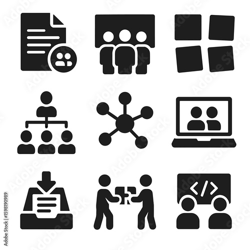 Class Collaboration Icons. Solid style icons of class collaboration tools: shared document, group poster, sticky notes on wall,