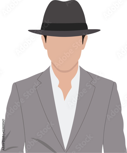 A faceless man in a grey suit and fedora hat, posing in a formal style.