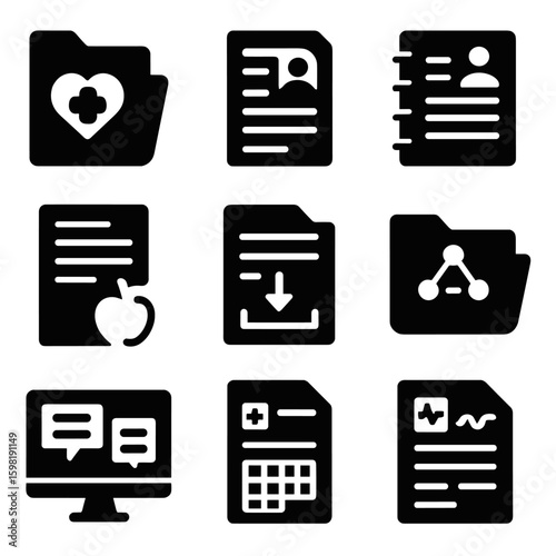 Multidisciplinary Document Icons. Solid style icons of multidisciplinary documentation: shared care plan, therapist notes, social