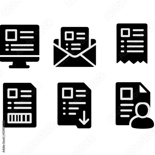 Invoice Icons Collection. Solid style icons of invoice and billing documents: digital invoice screen, email with invoice icon, PDF