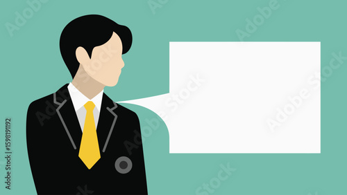 Illustration of a man in a suit with a yellow tie, next to a blank white speech bubble, set against a light teal background.
