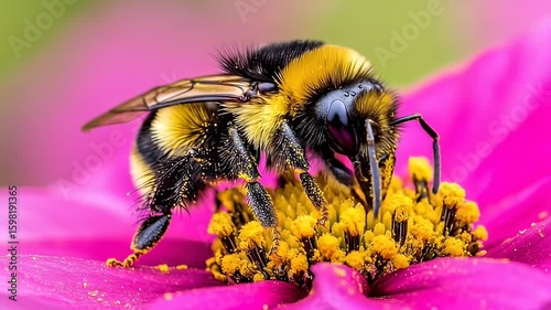 Close-up of a bumblebee gathering pollen from a bright pink flower with a yellow center on a soft green background