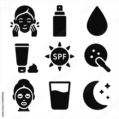 Skincare Steps Icons. Solid style icons of skincare steps: cleanse icon, tone symbol, serum droplet, moisturize step, protect with
