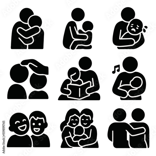 Emotional Care Icons. Solid style icons of emotional care and bonding: comforting hug, child in lap, holding crying baby, gentle