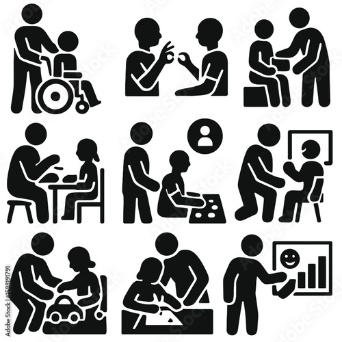 Special Needs Icons. Solid style icons of special needs parenting: parent with child in wheelchair, signing with child, assisting