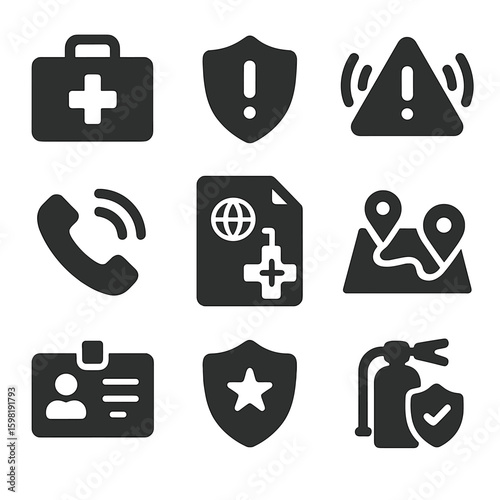 Emergency Icons Collection. Solid style icons of emergency protection and response: emergency kit icon, alert shield, warning