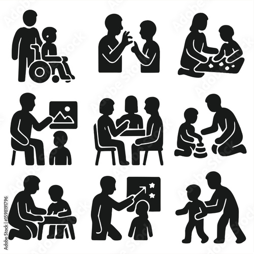 Special Needs Icons. Solid style icons of special needs parenting: parent with child in wheelchair, signing with child, assisting