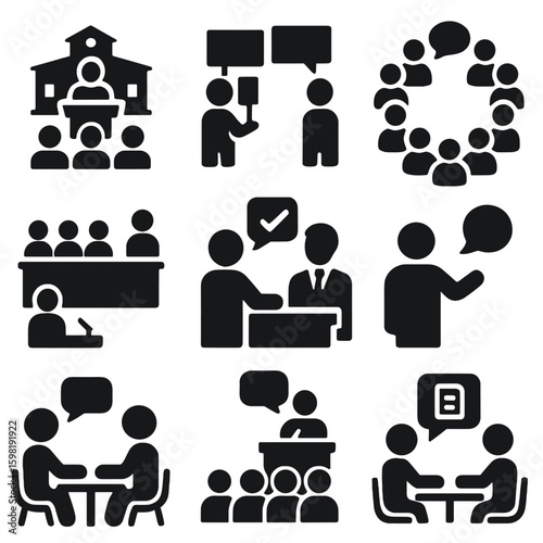 Civic Engagement Icons. Solid style icons of public and civic engagement: town hall meeting, protest dialogue scene, community
