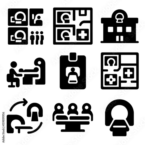 Scan Facility Icons. Solid style icons of multi-scan facilities: multiple scan room icons, radiology department layout, scan