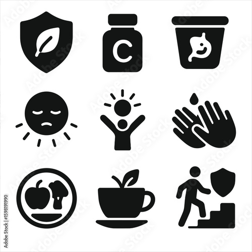 Immunity Icon Set. Solid style icons of immunity and health resilience: immune shield with leaf, vitamin C supplement bottle, gut