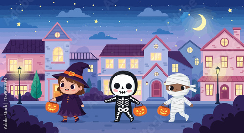 Cute cartoon characters in Halloween costumes trick-or-treating down a suburban street at night.