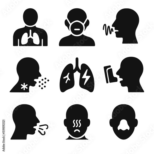 Respiratory Discomfort Icons. Solid style icons of respiratory discomfort and symptoms: chest tightness with lungs, breathing