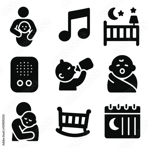Bedtime Icons Collection. Solid style icons of bedtime and nap routines: putting baby in sleep sack, lullaby music icon, crib with