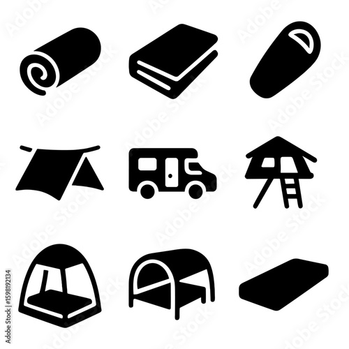 Camping Sleep Setups. Solid style icons of shelter and sleep setups: sleeping pad icon, thermal blanket, bivy sack, tarp shelter
