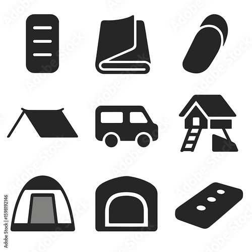 Camping Sleep Setups. Solid style icons of shelter and sleep setups: sleeping pad icon, thermal blanket, bivy sack, tarp shelter