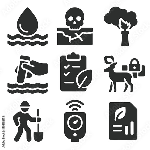 Environmental Impact Icons. Solid style icons of environmental impact and monitoring: oil spill droplet with waves, contaminated