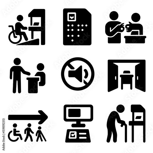 Accessible Voting Icons. Solid style icons of accessible voting stations: ramp to booth icon, Braille ballot symbol, interpreter