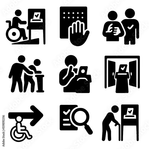 Accessible Voting Icons. Solid style icons of accessible voting stations: ramp to booth icon, Braille ballot symbol, interpreter