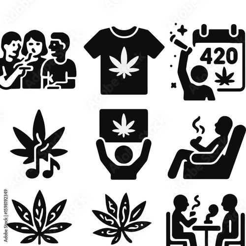 Cannabis Culture Icons. Solid style icons of social and cultural cannabis use: group of friends smoking, cannabis culture t-shirt,