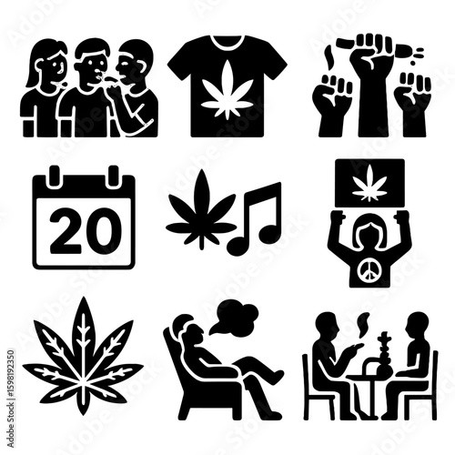 Cannabis Culture Icons. Solid style icons of social and cultural cannabis use: group of friends smoking, cannabis culture t-shirt,