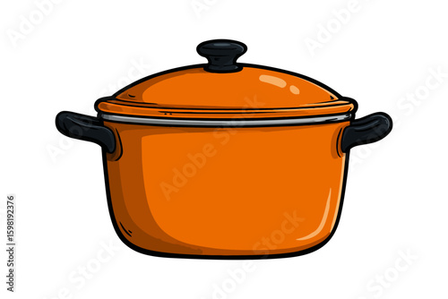 Charming orange cooking pot illustration with a black lid on a white background
