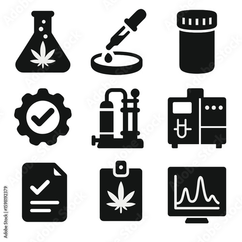 Cannabis Lab Icons. Solid style icons of product testing and lab analysis: cannabis lab flask, dropper over petri dish, sealed