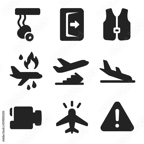 Aircraft Safety Icons. Solid style icons of aircraft emergencies and safety: oxygen mask drop, emergency exit door, life vest