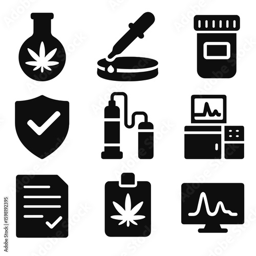 Cannabis Lab Icons. Solid style icons of product testing and lab analysis: cannabis lab flask, dropper over petri dish, sealed