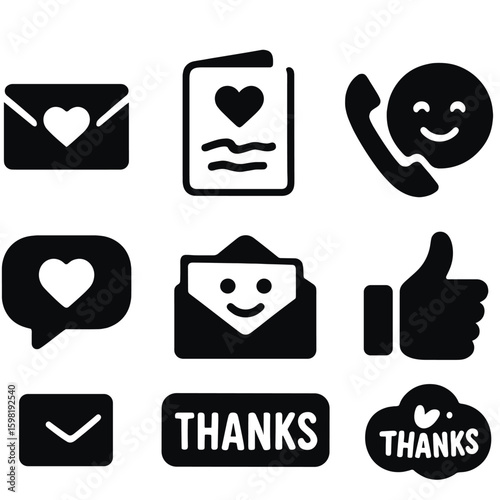 Friendly Thanks Icons. Solid style icons of friendly messages and thanks: email with heart, handwritten card icon, gratitude phone