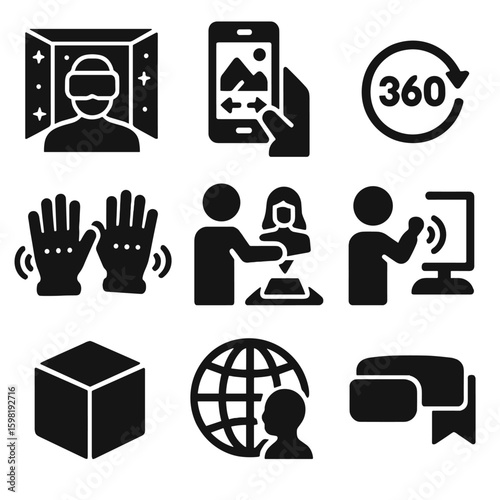 Immersive Entertainment Icons. Solid style icons of immersive entertainment: VR space room, AR mobile view, 360-degree icon,