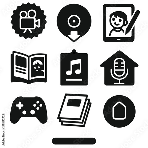 Solid Indie Icons. Solid style icons of indie entertainment: indie film badge, underground music record, hand-drawn animation icon