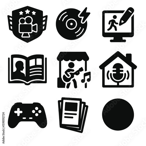 Solid Indie Icons. Solid style icons of indie entertainment: indie film badge, underground music record, hand-drawn animation icon