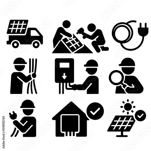 Solar Installation Icons. Solid style icons of solar installation process: panel delivery icon, mounting process, drilling rooftop