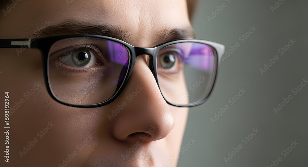 Fototapeta premium Focused Gaze Through Eyeglasses Reveals Intense Concentration And Modern Vision
