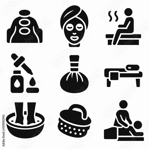 Spa Treatment Icons. Solid style icons of spa treatments and relaxation: hot stone massage, facial mask icon, sauna room steam,
