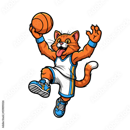 Energetic cartoon orange cat basketball mascot jumping with ball, dynamic player.