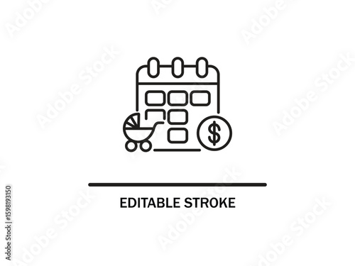 Expenses calendar with baby stroller and dollar sign represents financial planning. calendar line icon.
