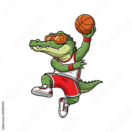 Dynamic cartoon alligator basketball player mascot jumping, cool character with goggles.