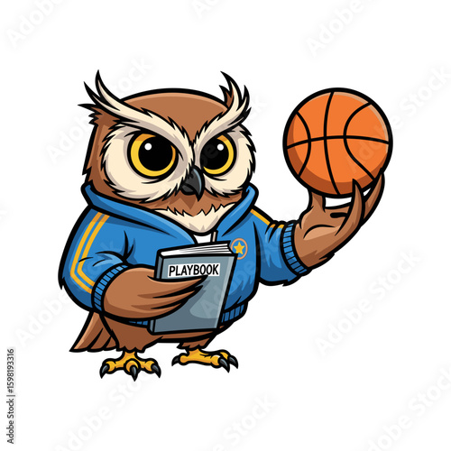 Wise cartoon owl basketball coach or strategist with playbook, intelligent animal mascot.