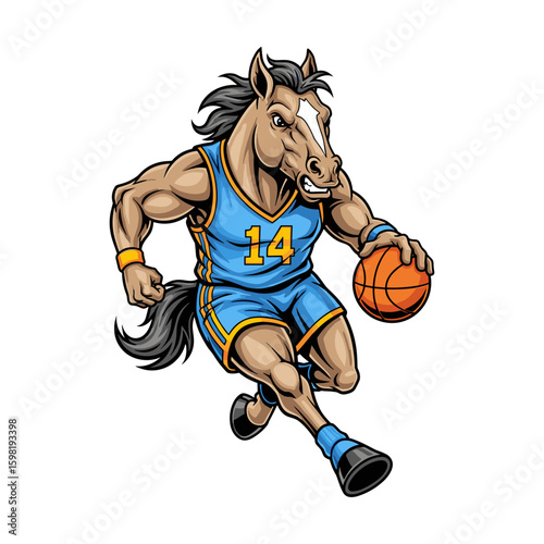 Strong cartoon horse basketball player mascot dribbling, powerful animal character.