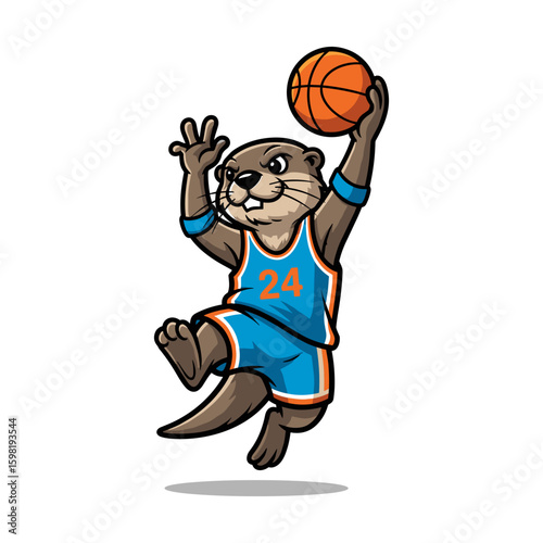 Agile cartoon otter basketball player mascot jumping, cute and energetic animal character.