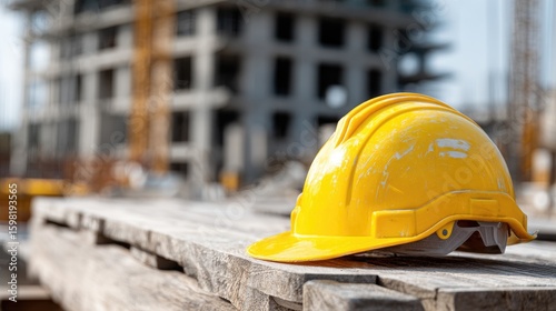 Yellow safety helmet on construction site